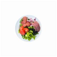 Antipasto Salad and Wings · Salami and pepperoni, tossed over crisp lettuce with tomatoes, black olives, red onions and ...