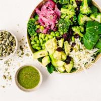 GREEN VEGAN BOWL · Avocado, Kale, Cabbage, Broccoli, Pickled onion, Edamame, Spinach, Vegan Pesto, Toppings