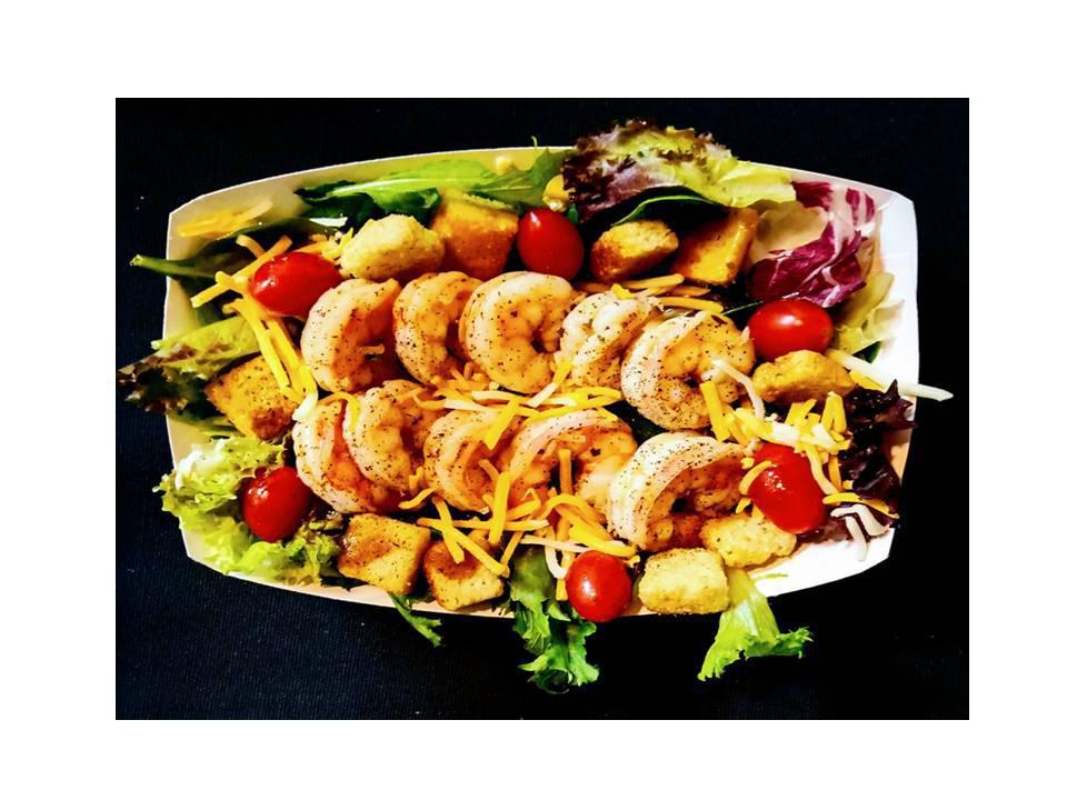SHRIMP SALAD · Comes with:
10 JUMBO SHRIMP, spring mix greens, 2oz cheese, 2oz choice of dressing, 10 croutons, 6 tomatoes