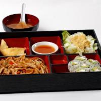 308. Bento Special · Served with chicken yaki soba, crab Rangoon, house salad, miso soup and choice of one item.