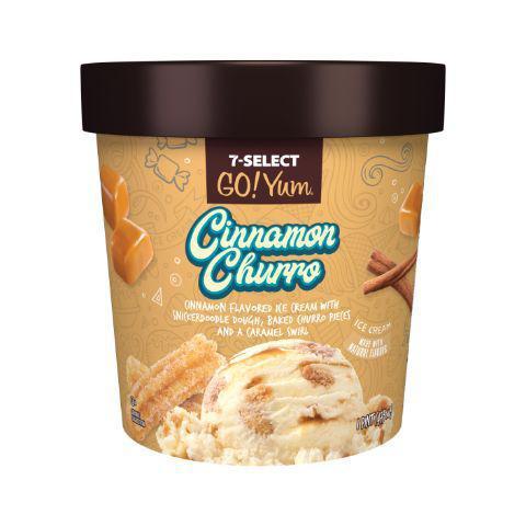 7-Select GoYum Cinnamon Churro Pint · Churro ice cream with homemade cinnamon ice cream, baked churros, dulce de leche, and Mexican vanilla