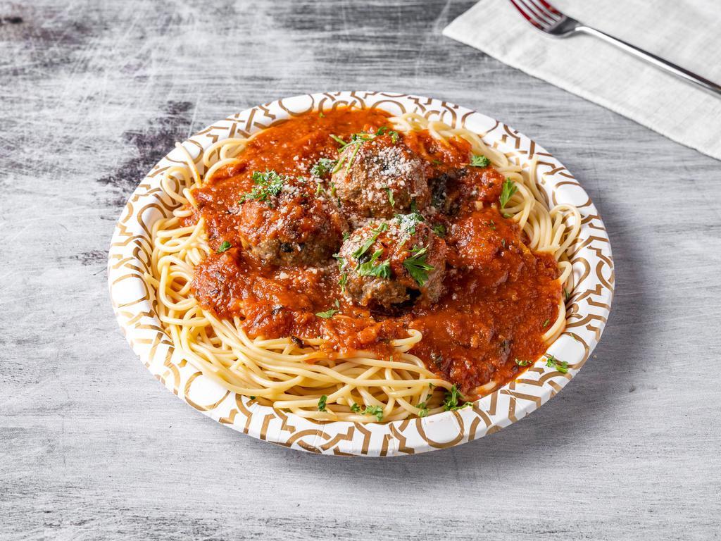 Spaghetti with Meatballs · 3 pieces of Via Caramicos Freshly Made Meatball with a Choice of Pasta with homemade Marinara sauce