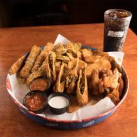 The Big Shot · Includes fried pickles, mozzarella sticks, wings, Southwest egg rolls, buffalo chips, chips,...