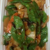 89. Chicken with Snow Peas · With white rice.