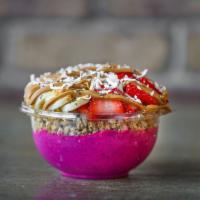 Fiji Bowl · Topped with granola, honey, bananas, strawberries, peanut butter, coconut flakes and chia se...
