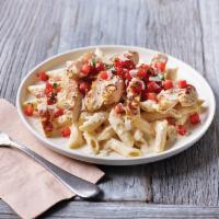 Three-Cheese Chicken Penne · Asiago, Parmesan and white Cheddar cheeses are mixed with penne pasta in a rich Parmesan cre...