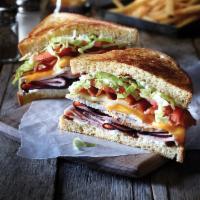 Clubhouse Grille · Ham, turkey, cheddar, jack, bacon, lettuce, tomato, mayo, and honey BBQ on toasted potato br...