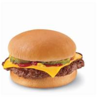 Cheeseburger · 
One 100% beef patty topped with melted cheese, pickles, ketchup and mustard served on a war...