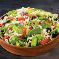 Mediterranean Salad - 280 Calories · Romaine Lettuce and Fresh Spinach topped with Black Olives, Sun-dried Tomatoes, Mixed Onions...