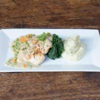 Roasted Chicken Breast · Chicken breast, served with classic mashed potato, sauteed spinach, pan jus, diced carrot an...