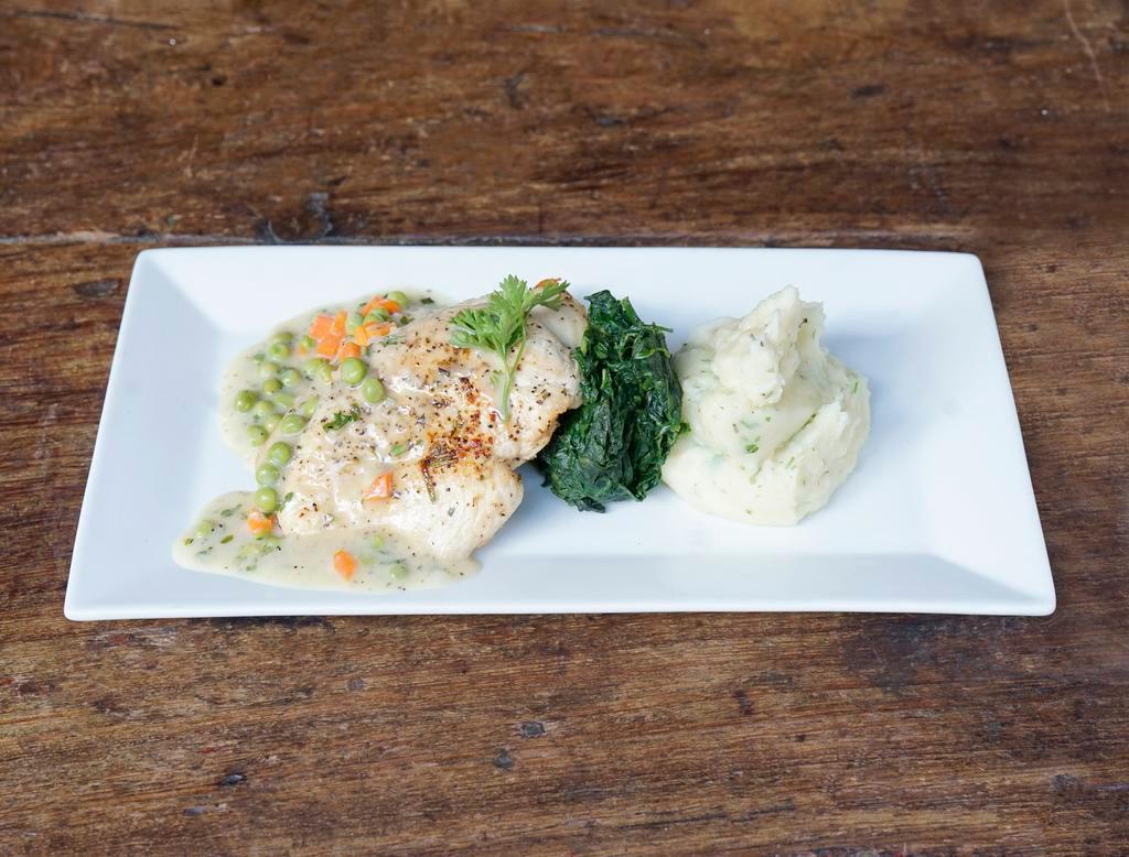 Roasted Chicken Breast · Chicken breast, served with classic mashed potato, sauteed spinach, pan jus, diced carrot and green peas.