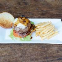 Barawine Burger · Grass fed colorado beef and lamb burger topped with bordelaise mushroom sauce. Served on toa...