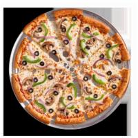 Giant Veggie Pizza · Classic tomato sauce, 100% real cheese, red onions, mushrooms, green peppers, and black oliv...