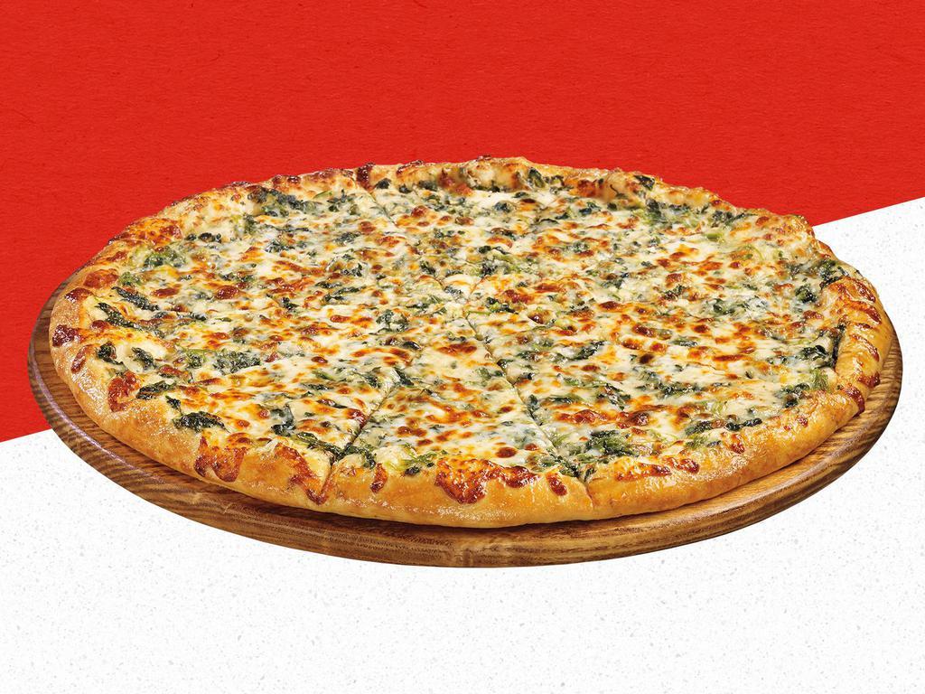 Spinach Alfredo Pizza · Creamy Alfredo sauce, 100% real cheese and spinach.