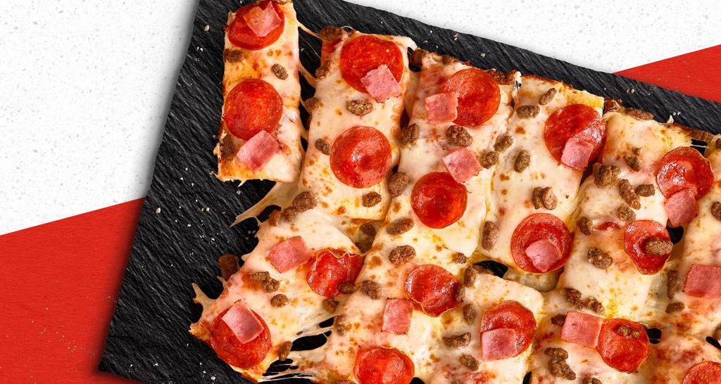 Meat Eater Pan Pizza · Classic tomato sauce, 100% real cheese, pepperoni, ham, beef and sausage.