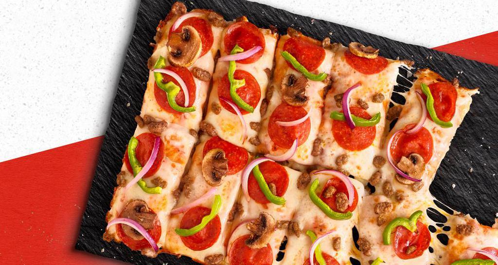 Supreme Pan Pizza · Classic tomato sauce, 100% real cheese, pepperoni, beef, sausage, red onions, green peppers and mushrooms.