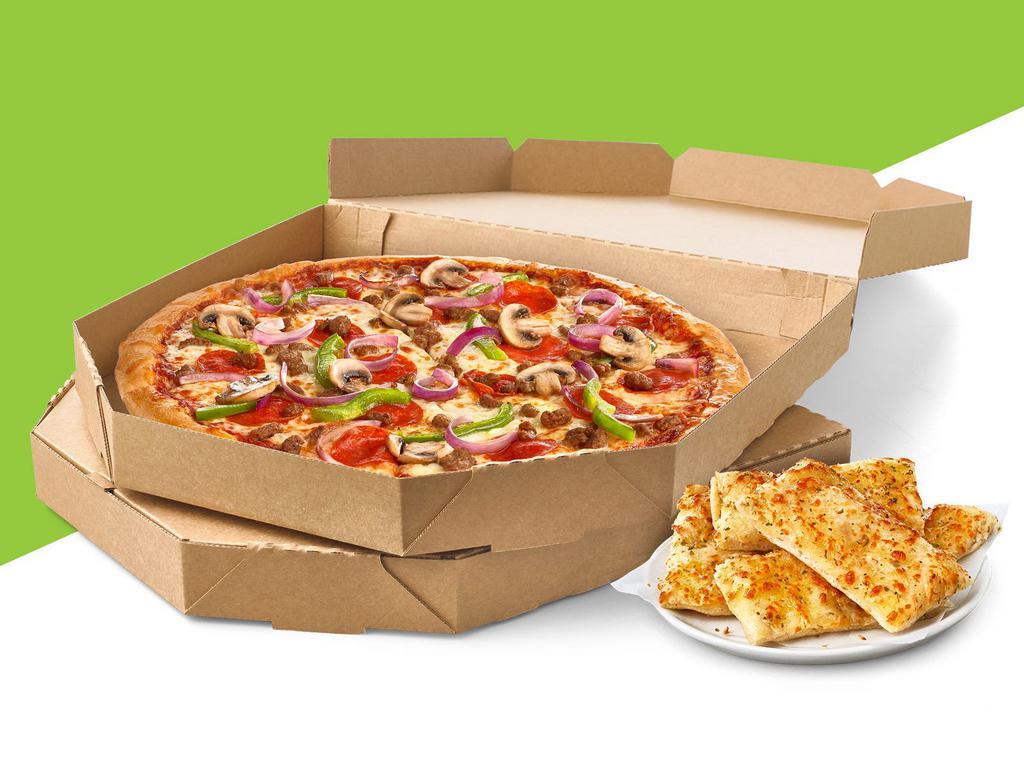 Value Pack 1 · 1 large meat eater or supreme pizza, 1 large 1-topping pizza, cheesy bread (24) or cinnamon rolls.