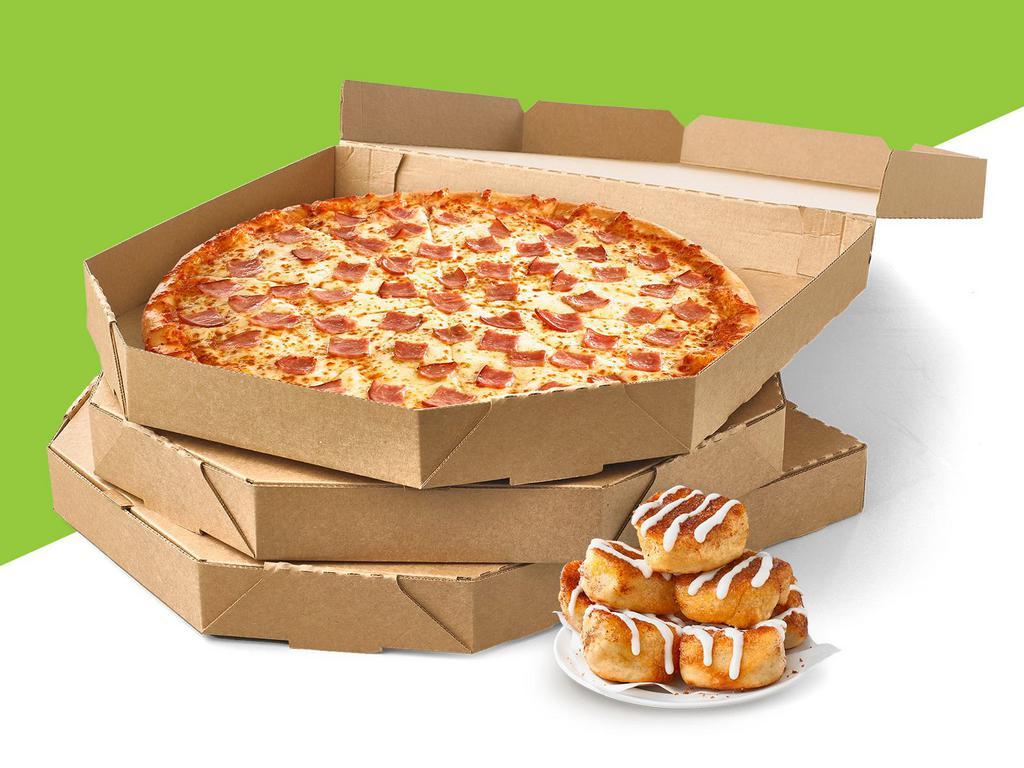 Value Pack 4 · Three large 1-Topping Pizzas, Cinnamon Rolls or Cheesy Bread.