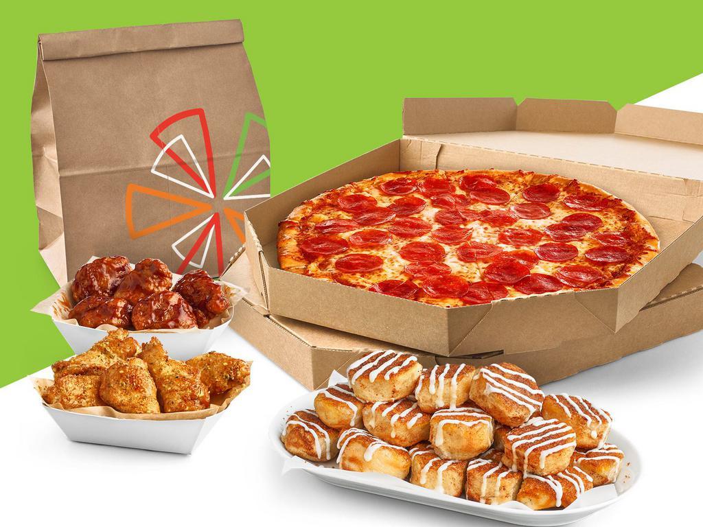 Value Pack 5 · Two large 1-Topping Pizzas, 15 Wings, Cinnamon Rolls or Cheesy Bread.