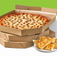 Value Pack 7 Mediums · 3 medium 1-topping pizzas, cheesy bread (24) or cinnamon rolls (20).