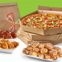 Value Pack 8 · 3 large pizzas up to 3 toppings, 20 wings, cheesy bread (24) or cinnamon rolls (20).
