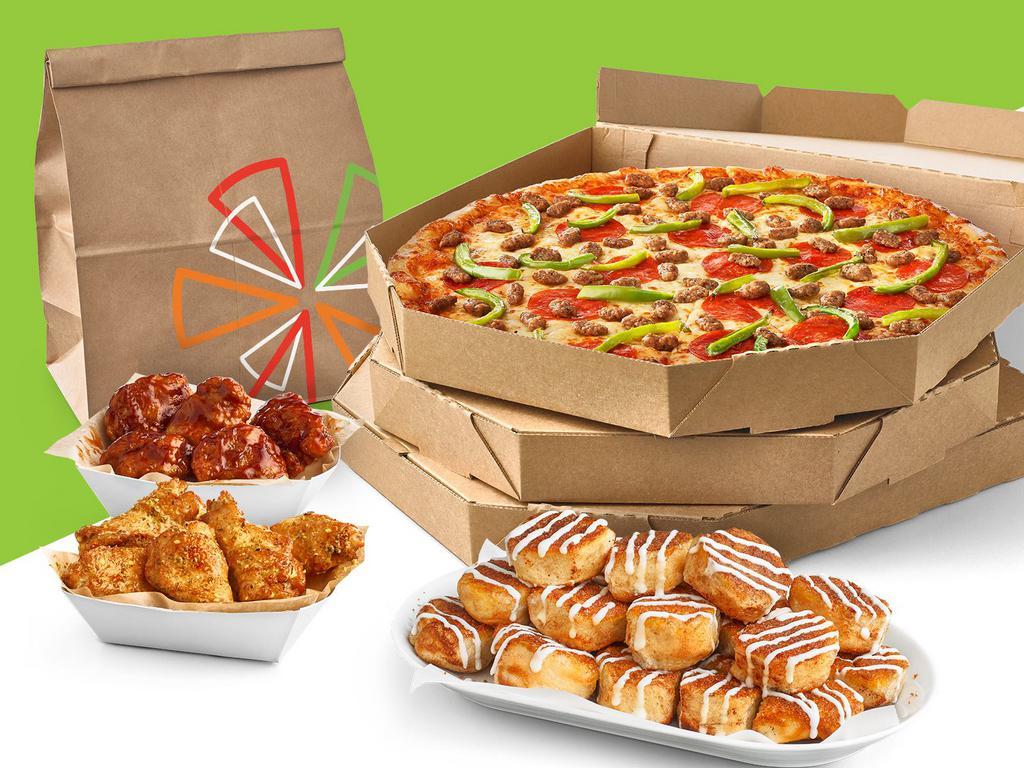 Value Pack 8 · 3 large pizzas up to 3 toppings, 20 wings, cheesy bread (24) or cinnamon rolls (20).