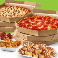 Value Pack 9 · Six large 1-topping Pizzas, 50 Wings, Cinnamon Rolls or Cheesy Bread.