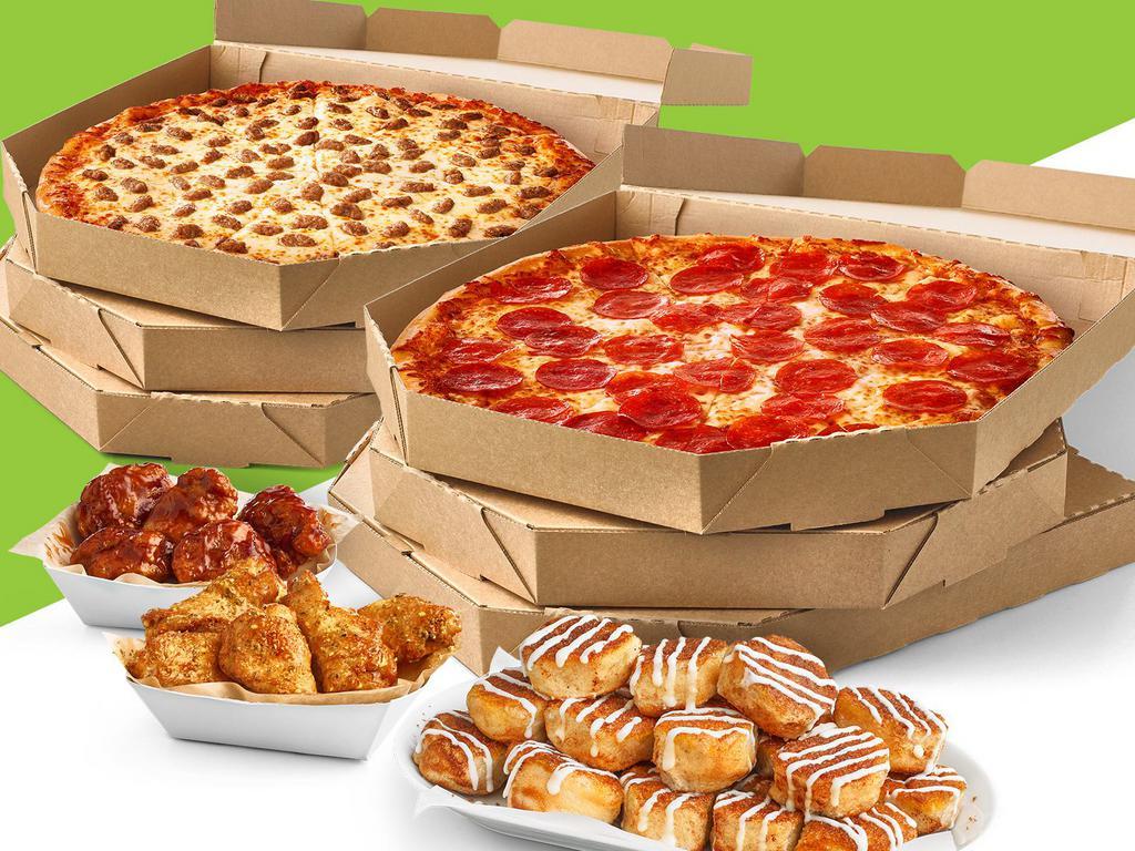 Value Pack 9 · 6 large 1-topping pizzas, 50 wings, cheesy bread (24) or cinnamon rolls.