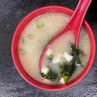 Miso Soup · Soybean soup with tofu, seaweed and green onions.