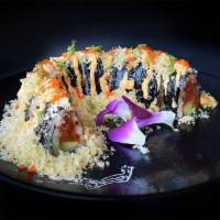 R27. Volcano Roll · 8 pieces. Spicy tuna and avocado topped with crunch, masago, green onion, spicy mayo and eel...