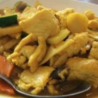 75. Chicken with Curry Sauce · Served with rice. Hot and spicy.