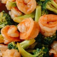 98. Shrimp with Broccoli · Served with rice.
