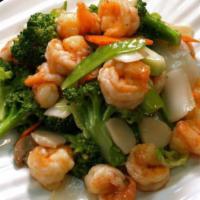 93. Shrimp with Mixed Vegetable · Served with rice.