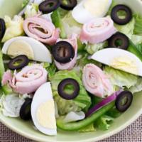 Chef Salad · Mixed greens, turkey, roast beef, ham, Swiss cheese, tomato and boiled egg with choice of dr...