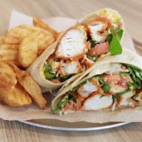 Buffalo Tender Wrap Basket · Includes Wedge Fries, Kettle Chips, or Carrots and Celery