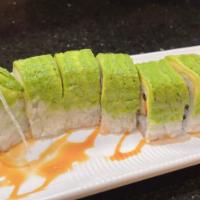 Caterpillar Roll · Cucumber, eel and crab meat inside, avocado layered on top, eel sauce (8pcs)