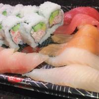 Sushi Combo 2 with California Roll · 8 pcs nigiri sushi (Salmon, tuna, yellowtail, red snapper sushi, 2 pcs each); and California...