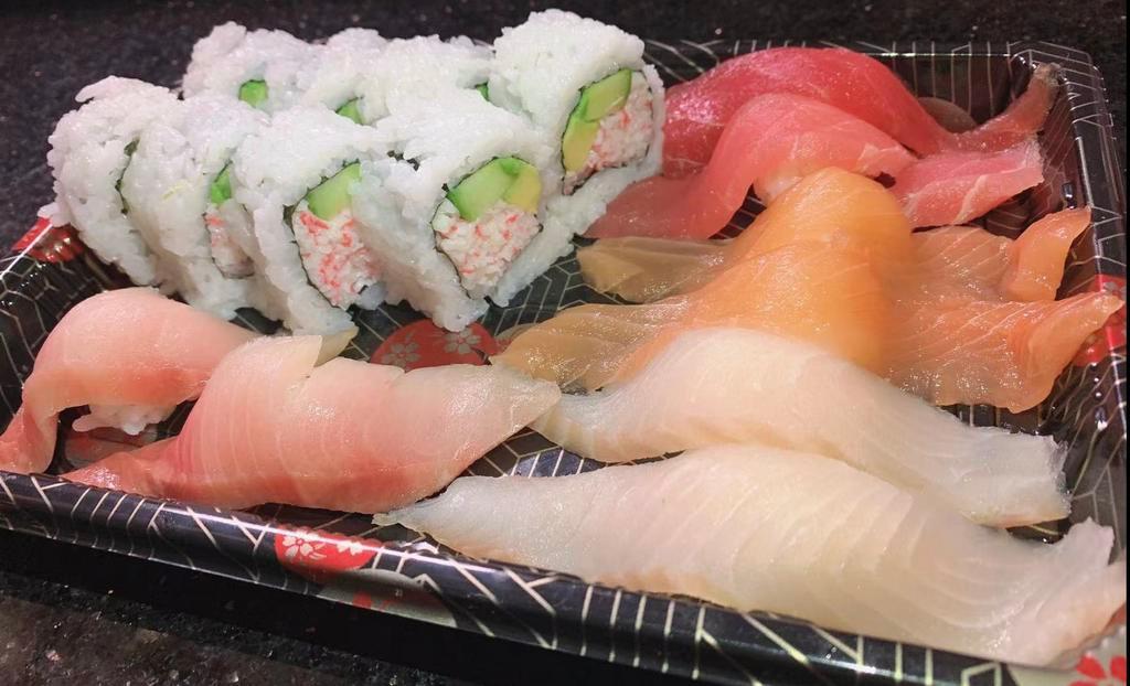 Sushi Combo 2 with California Roll · 8 pcs nigiri sushi (Salmon, tuna, yellowtail, red snapper sushi, 2 pcs each); and California Roll.