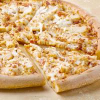 BBQ Chicken and Bacon Pizza · Barbeque sauce, grilled all white chicken, bacon and onion and BBQ.