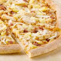 Large Hawaiian BBQ Chicken Pizza · Barbecue sauce, grilled all-white chicken, bacon, onions and pineapple.