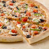 Garden Fresh Pizza · Green peppers, onions, mushrooms, black olives and Roma tomatoes.