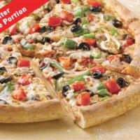 Chicken and Veggie Pizza · Grilled chicken, onions, Roma tomatoes, green peppers, mushrooms, black olives and real chee...