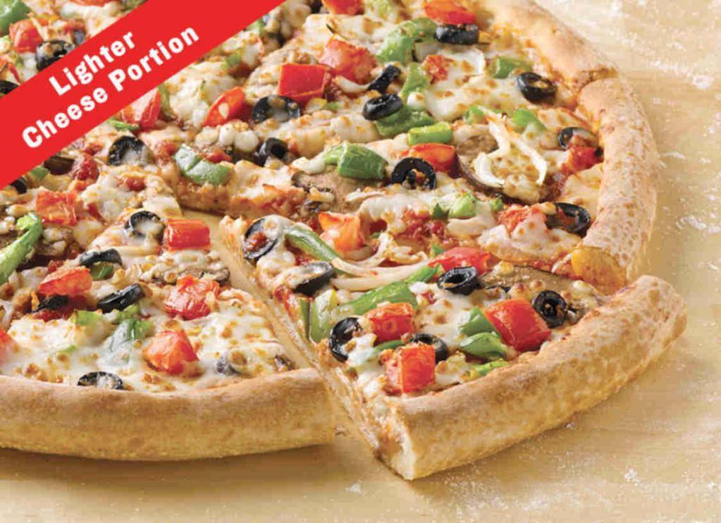 Chicken and Veggie Pizza · Grilled chicken, onions, Roma tomatoes, green peppers, mushrooms, black olives and real cheese made from mozzarella. 300 or fewer calories per slice with a lighter portion of cheese.