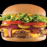Bacon Cheese Belt-Buster® · Two 1/4 lb. grilled beef patties topped with Bacon, cheese, crisp lettuce, ripe tomatoes, pu...