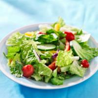 House Salad · Romaine lettuce, tomatoes, cucumbers, and black olives with dressing.