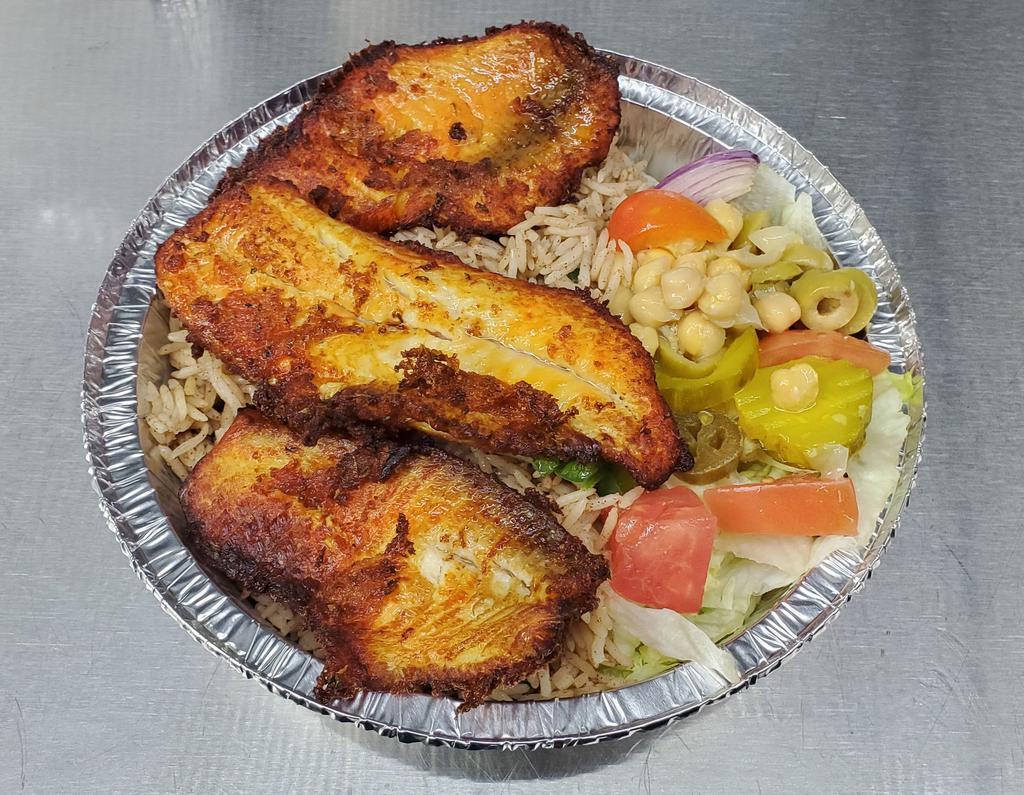 Fish Over Rice with Salad · Tilapia fish marinated in our own home-made recipe, deep-fried, and served with basmati rice, lettuce, tomatoes, onions, pickles, olives, and your choice of sauce.