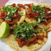 Tacos (3) · Cecina,al pastor, carné enchilada, chorizo, bisteck,pollo

Viene con cilantro cebolla y agua...