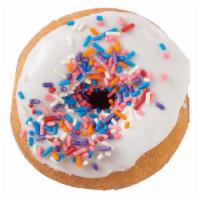 Cake Donut with White Frosting & Sprinkles · 