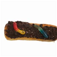 Dirty Worm · Gummy worms and cookie crumbles topped on your favorite cream filled long john. 
