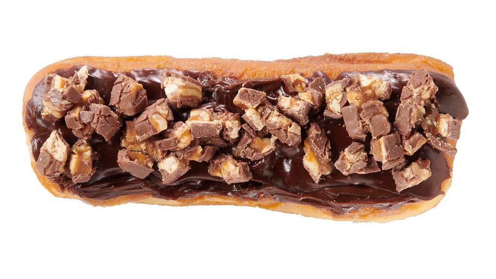 Snickeroo · Cream filled long john with chocolate icing and crushed snickers. 